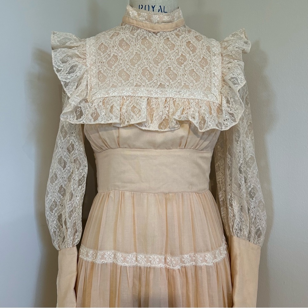 VTG 70s Gunne Sax Prairie Dress Gown Blush Pink Lace Prom Homecoming Sz 9 - Picture 3 of 9